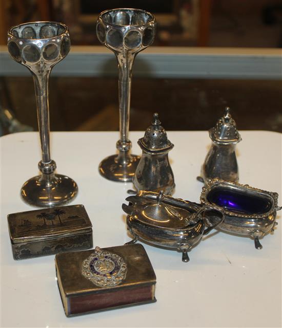 Small group of silver items including a pair of spill vases and condiment set